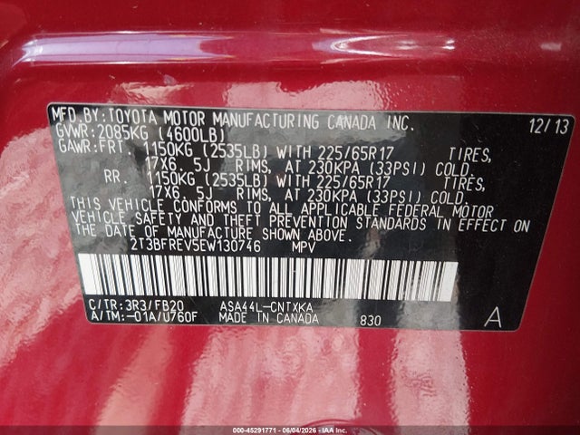 Aukcja sprzedaży 2014 Toyota Rav4 Le, vin: 2T3BFREV5EW130746, numer aukcji: 45291771