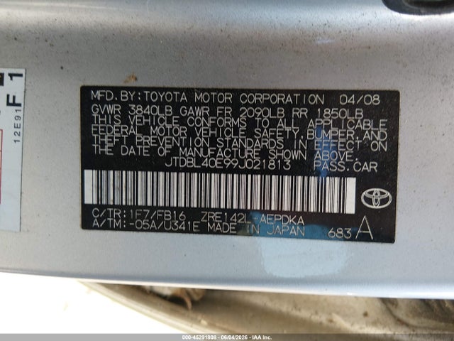 45291808 :رقم المزاد ، JTDBL40E99J021813 vin ، 2009 Toyota Corolla Le مزاد بيع