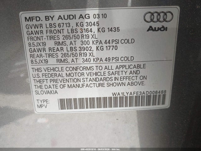 Aukcja sprzedaży 2010 Audi Q7 3.6 Premium, vin: WA1LYAFE3AD006488, numer aukcji: 45291816