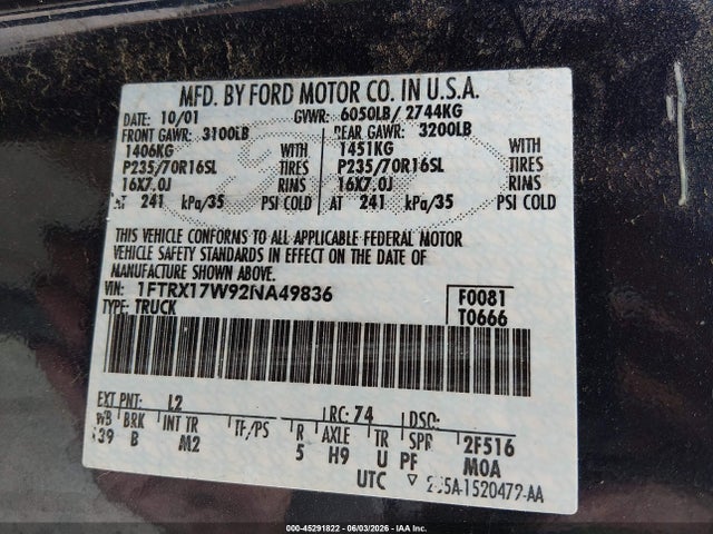 45291822 :رقم المزاد ، 1FTRX17W92NA49836 vin ، 2002 Ford F150 مزاد بيع