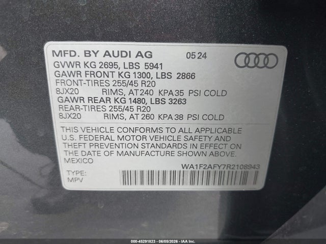 45291823 :رقم المزاد ، WA1F2AFY7R2108943 vin ، 2024 Audi Q5 Prestige 55 Tfsi E S Line Quattro S Tronic مزاد بيع