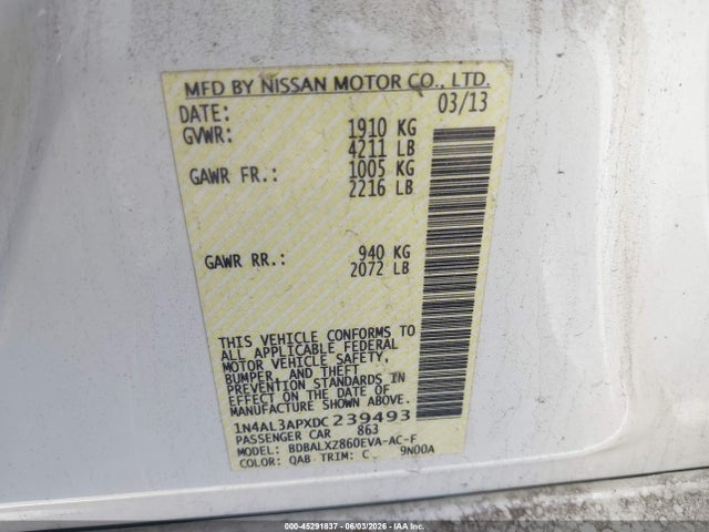 Aukcja sprzedaży 2013 Nissan Altima 2.5 Sl, vin: 1N4AL3APXDC239493, numer aukcji: 45291837