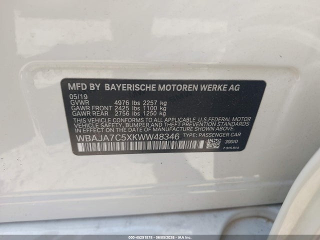 2019 Bmw 530i Xdrive მანქანა იყიდება აუქციონზე, vin: WBAJA7C5XKWW48346, აუქციონის ნომერი: 45291878