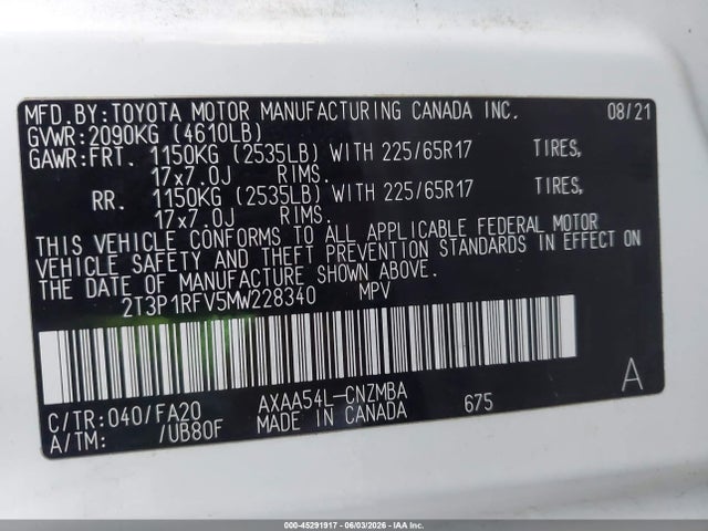 2021 Toyota Rav4 Xle მანქანა იყიდება აუქციონზე, vin: 2T3P1RFV5MW228340, აუქციონის ნომერი: 45291917