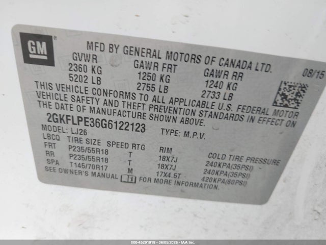Aukcja sprzedaży 2016 Gmc Terrain Slt, vin: 2GKFLPE36G6122123, numer aukcji: 45291918
