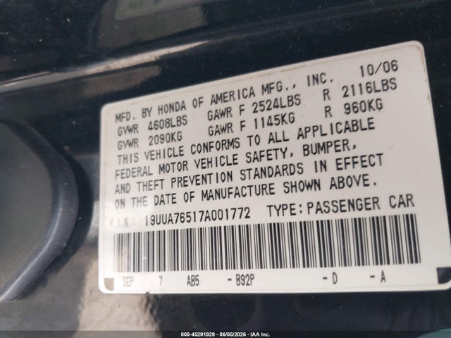 2007 Acura Tl Type S მანქანა იყიდება აუქციონზე, vin: 19UUA76517A001772, აუქციონის ნომერი: 45291929