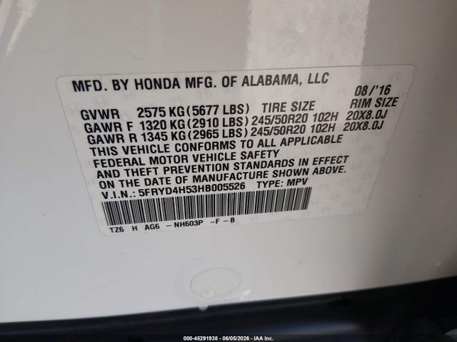 Aukcja sprzedaży 2017 Acura Mdx Technology Package, vin: 5FRYD4H53HB005526, numer aukcji: 45291938