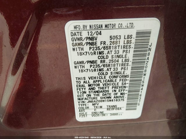 2005 Nissan Murano Se მანქანა იყიდება აუქციონზე, vin: JN8AZ08W15W416375, აუქციონის ნომერი: 45291940