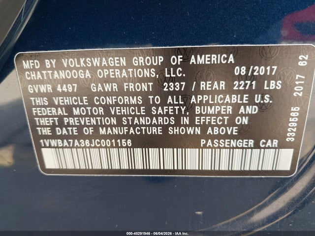 1VWBA7A36JC001156 Volkswagen Passat 2.0t Se