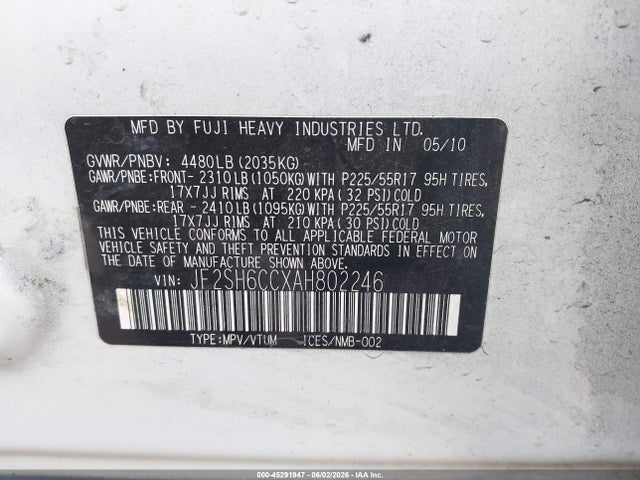 45291947 :رقم المزاد ، JF2SH6CCXAH802246 vin ، 2010 Subaru Forester 2.5x Premium مزاد بيع