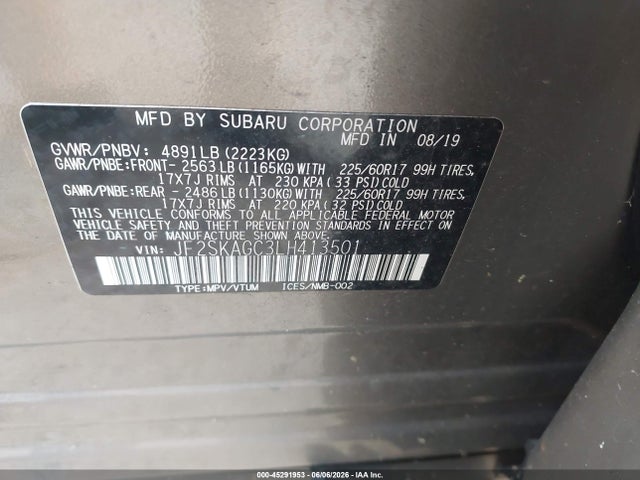 2020 Subaru Forester Premium მანქანა იყიდება აუქციონზე, vin: JF2SKAGC3LH413501, აუქციონის ნომერი: 45291953