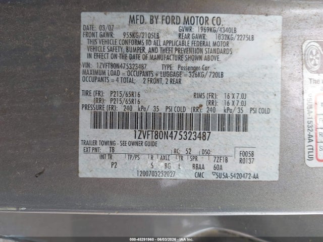 2007 Ford Mustang V6 Deluxe/v6 Premium მანქანა იყიდება აუქციონზე, vin: 1ZVFT80N475323487, აუქციონის ნომერი: 45291960
