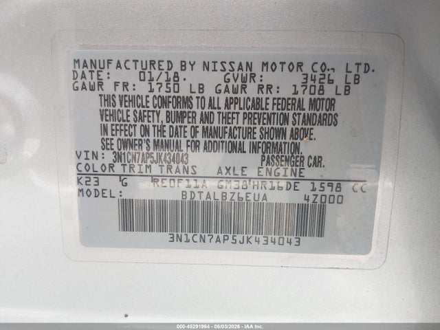 Aukcja sprzedaży 2018 Nissan Versa 1.6 Sv, vin: 3N1CN7AP5JK434043, numer aukcji: 45291964