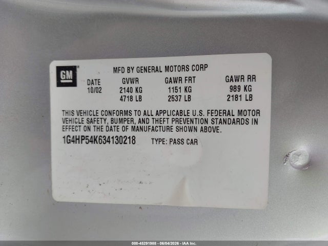 Продаж на аукціоні авто 2003 Buick Lesabre Custom, vin: 1G4HP54K634130218, номер лоту: 45291988