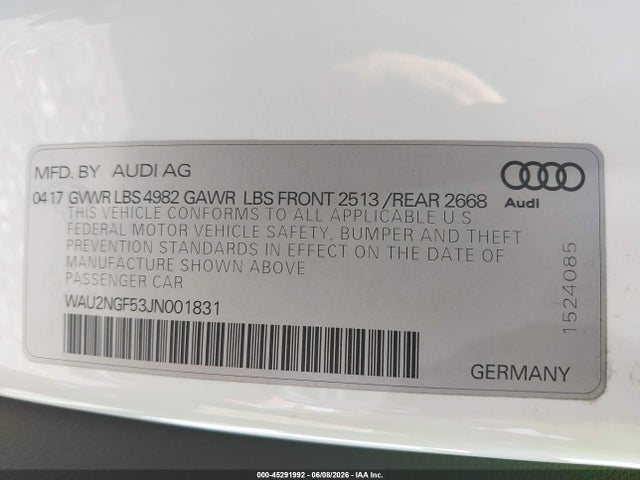Aukcja sprzedaży 2018 Audi A5 2.0t Premium, vin: WAU2NGF53JN001831, numer aukcji: 45291992
