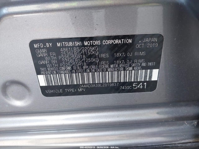 45292019 :رقم المزاد ، JA4AD3A39LZ019837 vin ، 2020 Mitsubishi Outlander Sel 2.4 مزاد بيع