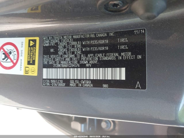 Aukcja sprzedaży 2015 Lexus Rx 350, vin: 2T2BK1BA6FC294576, numer aukcji: 45292046