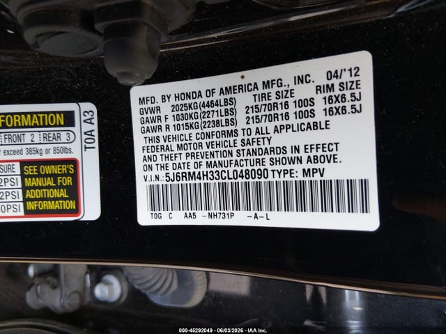 Aukcja sprzedaży 2012 Honda Cr-v Lx, vin: 5J6RM4H33CL048090, numer aukcji: 45292049