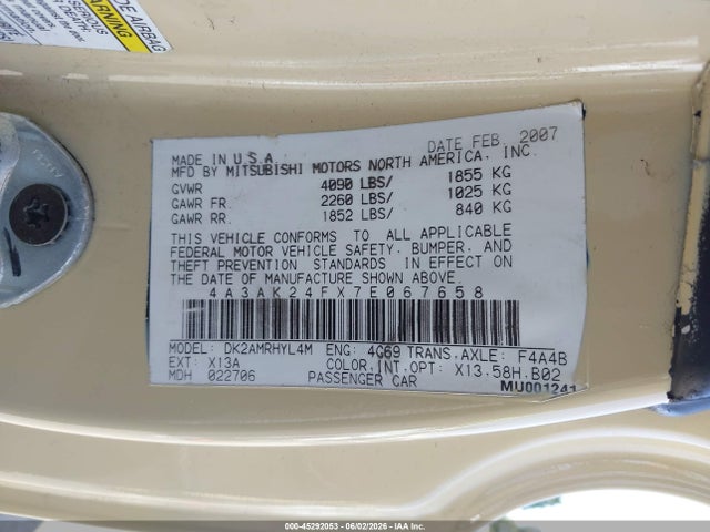 2007 Mitsubishi Eclipse Gs მანქანა იყიდება აუქციონზე, vin: 4A3AK24FX7E067658, აუქციონის ნომერი: 45292053