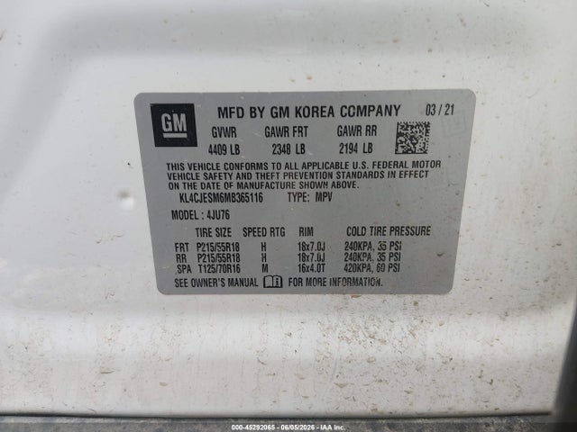 Продажа на аукционе авто 2021 Buick Encore Awd Preferred, vin: KL4CJESM6MB365116, номер лота: 45292065