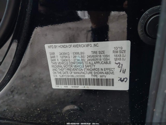 Aukcja sprzedaży 2020 Acura Mdx Standard, vin: 5J8YD3H38LL003305, numer aukcji: 45292100