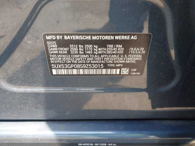 45292106 :رقم المزاد ، 5UX53GP08S9Z53015 vin ، 2025 Bmw X3 30 Xdrive مزاد بيع