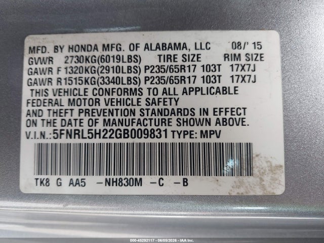 Honda ODYSSEY LX 2016 5FNRL5H22GB009831 Image 9
