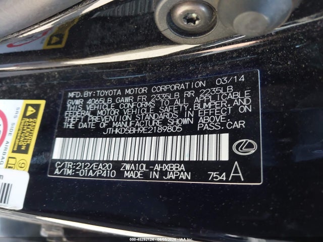2014 Lexus Ct 200h მანქანა იყიდება აუქციონზე, vin: JTHKD5BH9E2189805, აუქციონის ნომერი: 45292124