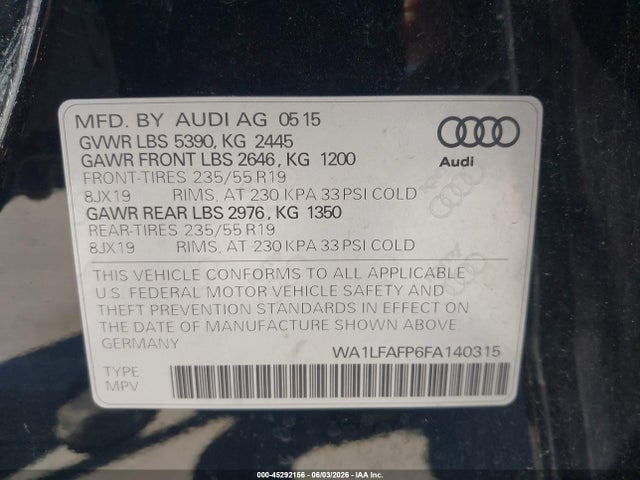 2015 Audi Q5 2.0t Premium მანქანა იყიდება აუქციონზე, vin: WA1LFAFP6FA140315, აუქციონის ნომერი: 45292156