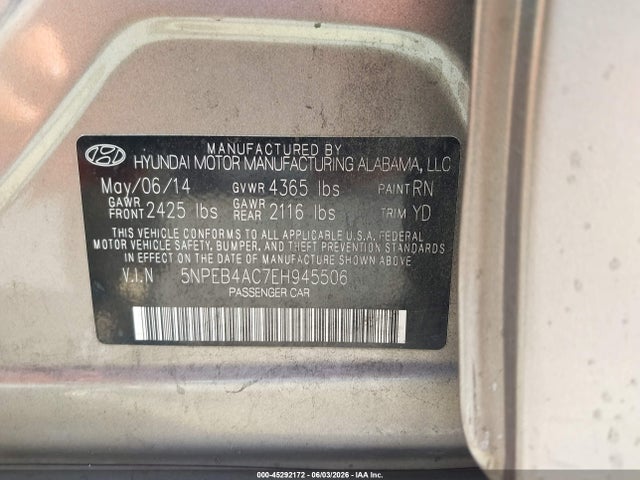 Aukcja sprzedaży 2014 Hyundai Sonata Gls, vin: 5NPEB4AC7EH945506, numer aukcji: 45292172
