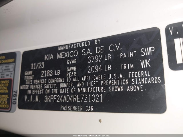3KPF24AD4RE721021 KIA Forte Lxs