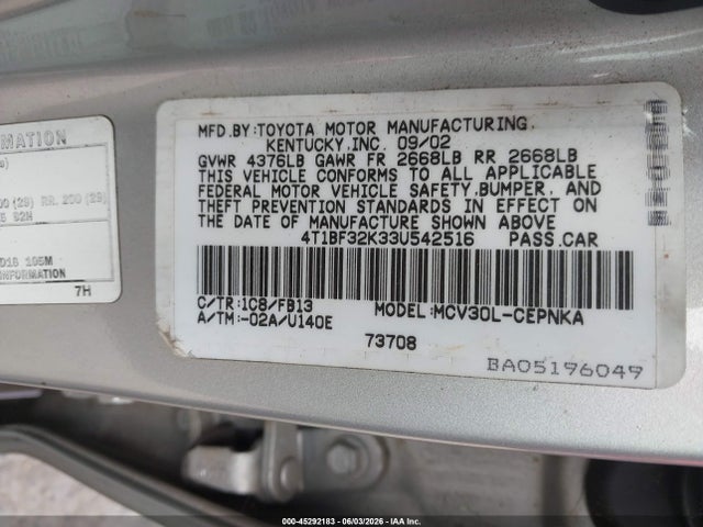 Aukcja sprzedaży 2003 Toyota Camry Le V6, vin: 4T1BF32K33U542516, numer aukcji: 45292183