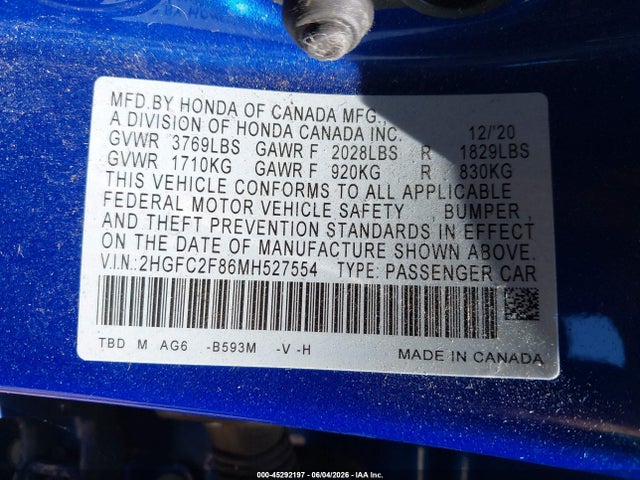 Продаж на аукціоні авто 2021 Honda Civic Sport, vin: 2HGFC2F86MH527554, номер лоту: 45292197