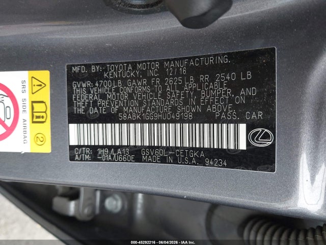 Продаж на аукціоні авто 2017 Lexus Es 350, vin: 58ABK1GG9HU049198, номер лоту: 45292216