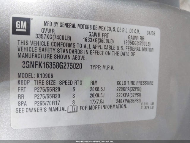 45292225 :رقم المزاد ، 3GNFK16358G275020 vin ، 2008 Chevrolet Suburban 1500 Ltz مزاد بيع