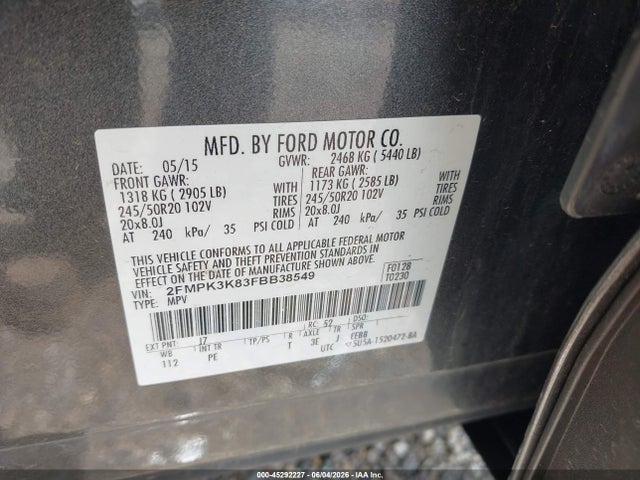 45292227 :رقم المزاد ، 2FMPK3K83FBB38549 vin ، 2015 Ford Edge Titanium مزاد بيع