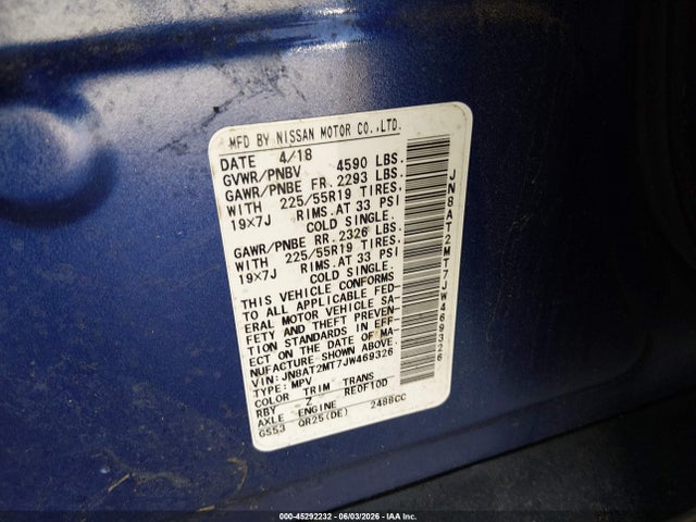 45292232 :رقم المزاد ، JN8AT2MT7JW469326 vin ، 2018 Nissan Rogue Sl مزاد بيع