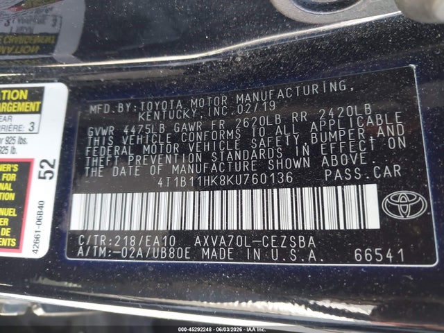 Aukcja sprzedaży 2019 Toyota Camry Se, vin: 4T1B11HK8KU760136, numer aukcji: 45292248