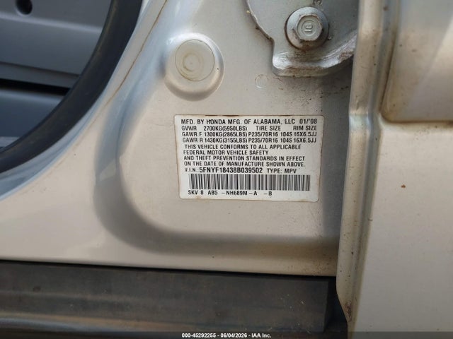 45292255 :رقم المزاد ، 5FNYF18438B039502 vin ، 2008 Honda Pilot Ex مزاد بيع