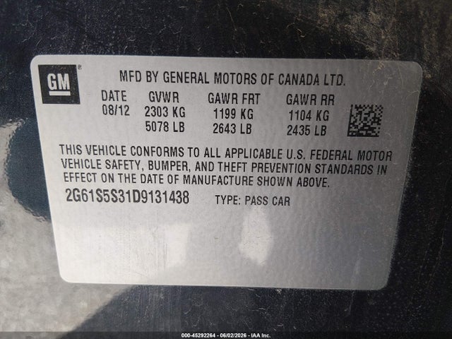 45292264 :رقم المزاد ، 2G61S5S31D9131438 vin ، 2013 Cadillac Xts Premium مزاد بيع