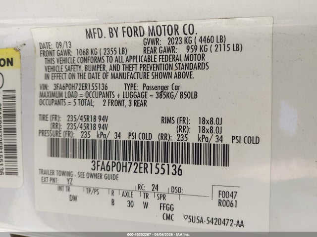 45292267 :رقم المزاد ، 3FA6P0H72ER155136 vin ، 2014 Ford Fusion Se مزاد بيع