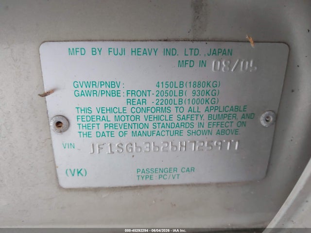 2006 Subaru Forester 2.5x მანქანა იყიდება აუქციონზე, vin: JF1SG63626H725977, აუქციონის ნომერი: 45292294