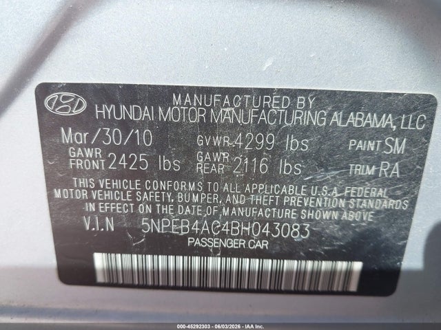 45292303 :رقم المزاد ، 5NPEB4AC4BH043083 vin ، 2011 Hyundai Sonata Gls مزاد بيع