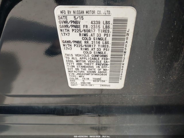 JN8AS5MT3FW663606 Nissan Rogue Select S