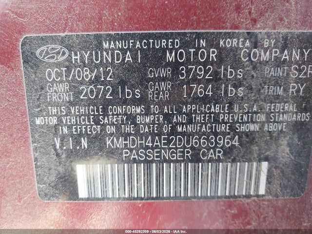 Aukcja sprzedaży 2013 Hyundai Elantra Limited, vin: KMHDH4AE2DU663964, numer aukcji: 45292309