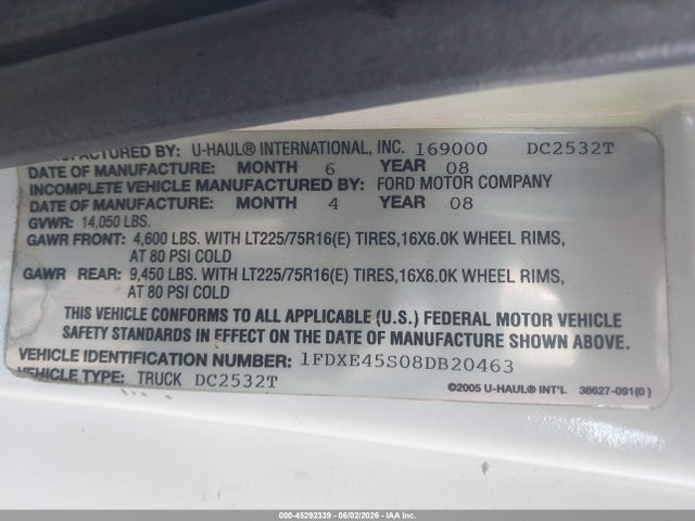 Продажа на аукционе авто 2008 Ford E-450 Cutaway, vin: 1FDXE45S08DB20463, номер лота: 45292339