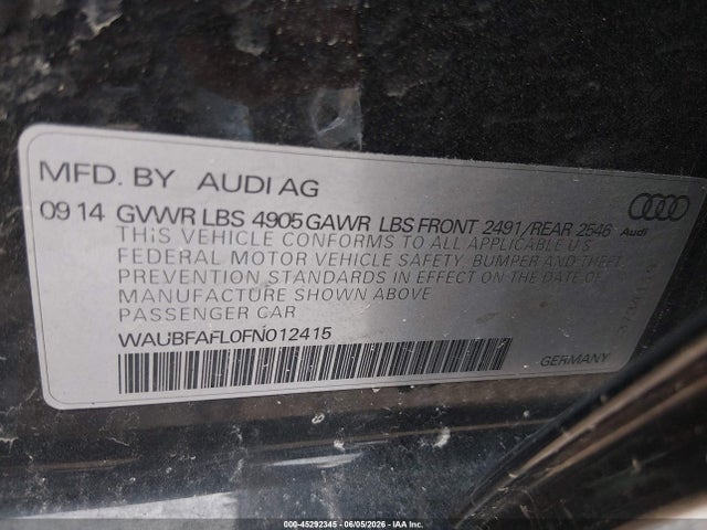 45292345 :رقم المزاد ، WAUBFAFL0FN012415 vin ، 2015 Audi A4 2.0t Premium مزاد بيع