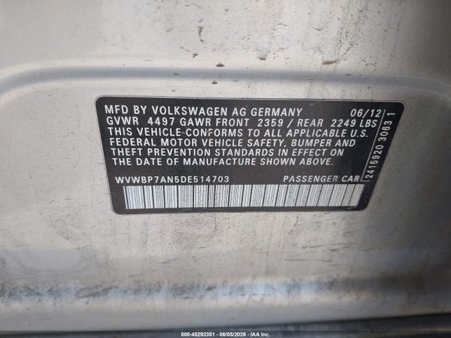 Продажа на аукционе авто 2013 Volkswagen Cc 2.0t Sport Plus, vin: WVWBP7AN5DE514703, номер лота: 45292351