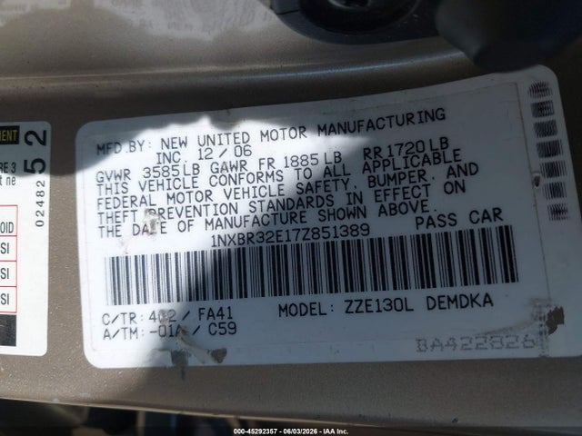 Продажа на аукционе авто 2007 Toyota Corolla Ce, vin: 1NXBR32E17Z851389, номер лота: 45292357
