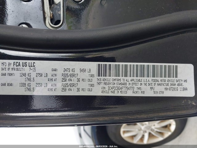 2015 Dodge Journey Sxt მანქანა იყიდება აუქციონზე, vin: 3C4PDCBG4FT754772, აუქციონის ნომერი: 45292358